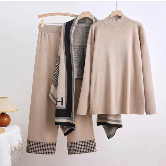 Chic Three-Piece Knit Set with Trousers & Muffler