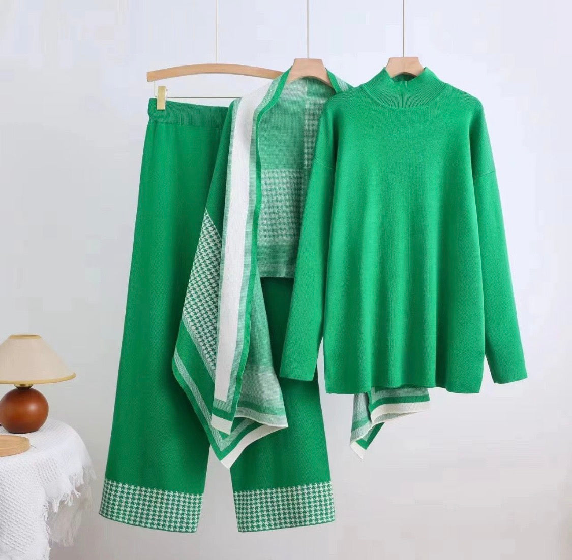 Chic Three-Piece Knit Set with Trousers & Muffler